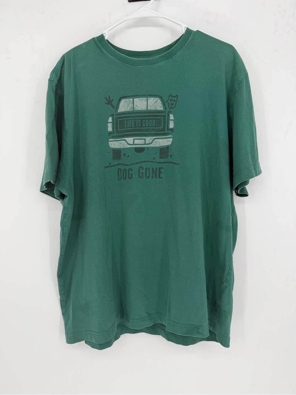 Life is Good "Dog Gone" T-shirt with graphic of a vintage pickup truck